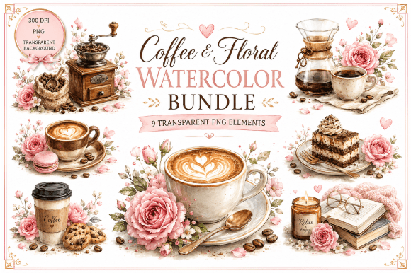 Download Coffee &amp; Floral Watercolor Bundle - Bundle Collection