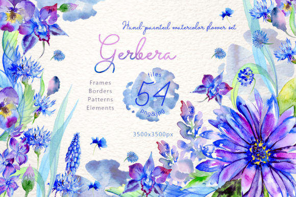 Download Blue Gerbera Watercolor Flower Set - Watercolor flower set Collection