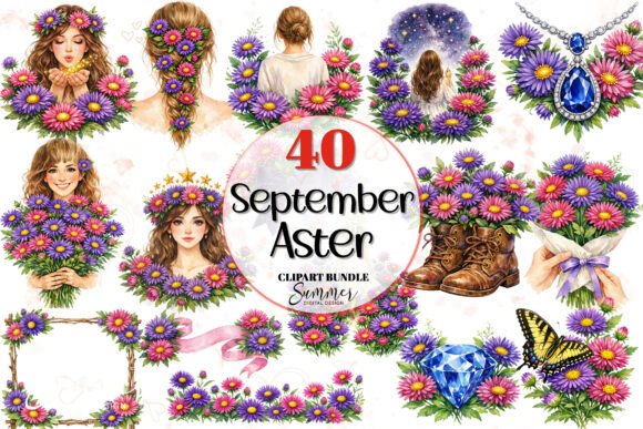 Download September Aster Romantic Clipart Bundle - Bundle Collection