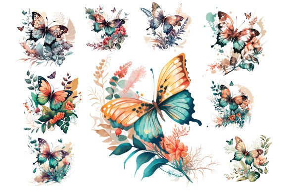 Download Retro Butterfly Floral Watercolor Bundle - Bundle Collection
