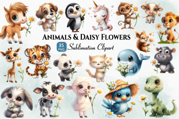 Download Cute Animals &amp; Daisy Sublimation Clipart - Sublimation Collection
