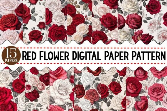 Download Red Flower Digital Paper Patteren Bundle - Bundle Collection