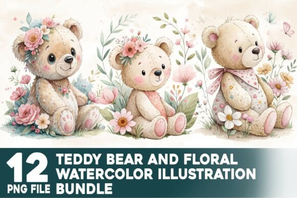 Download Teddy Bear and Floral Watercolor Bundle - Bundle Collection