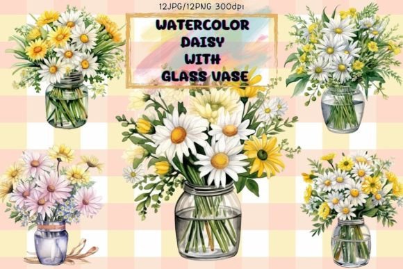 Download Watercolor Daisy in Glass Vase Bundle - Bundle Collection