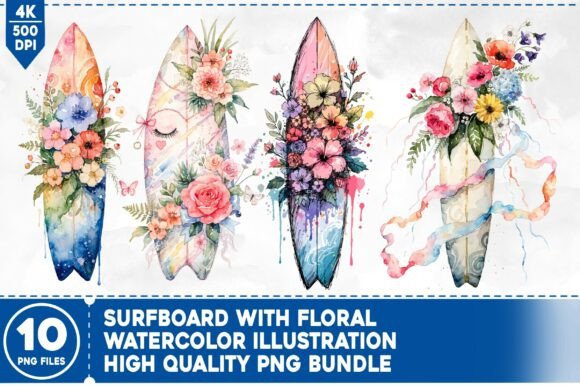 Download Surfboard with Floral Watercolor Bundle - Bundle Collection